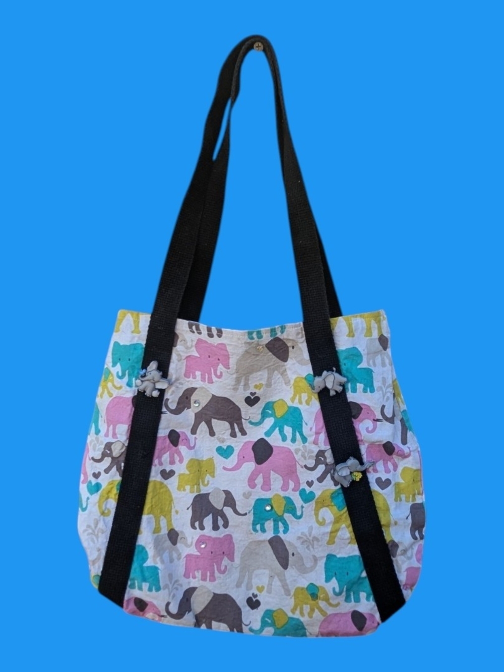 Women's Striped Elephant Print Canvas Shoulder Bag with Black Straps